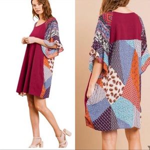 Umgee Boho Patchwork Tunic Dress Ruffle Flare Sleeves